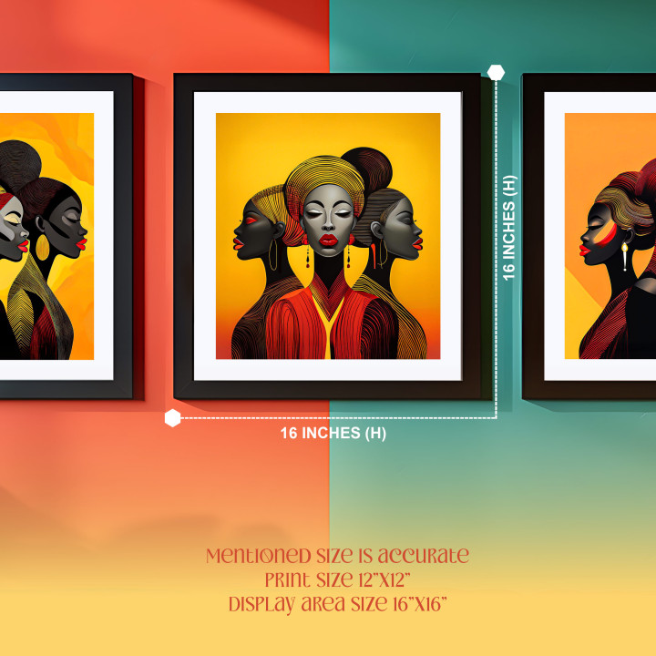 Striking Triptych: African Women Art in 16x16 Inch Black Frames