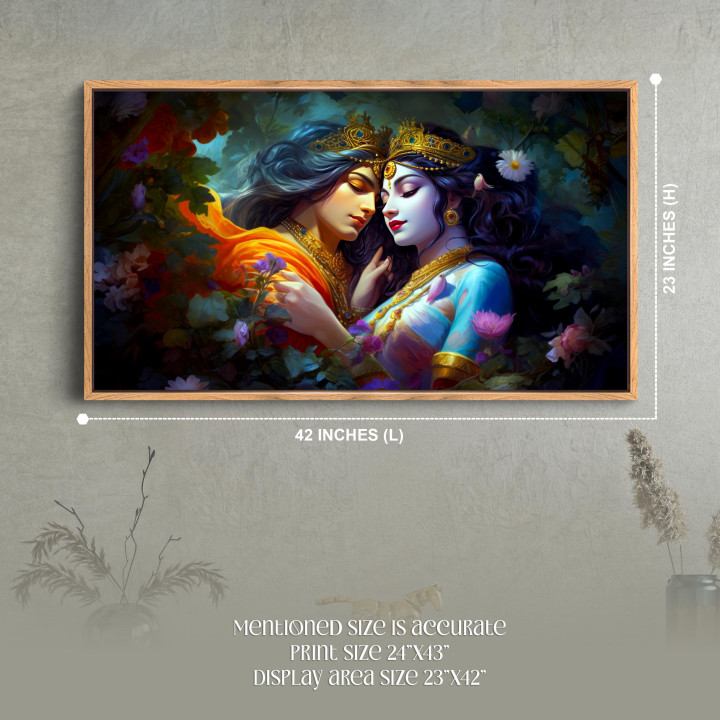 Divine Embrace: Radha Krishna Elegant Framed Canvas Print Size 42x23