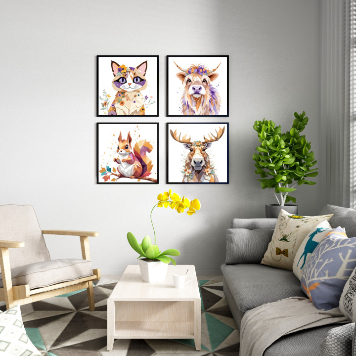 Whimsical Woodland Animals illustration with Flower Crowns - Set of 4 Framed Art Prints