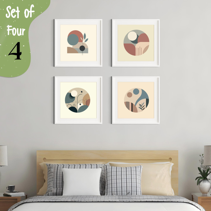 Set of 4 Geometric Wall Art Prints with White Frames