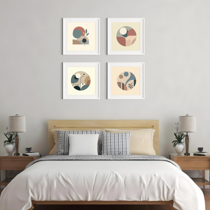 Set of 4 Geometric Wall Art Prints with White Frames