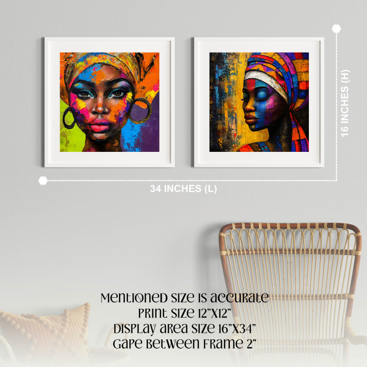 Set of 2 Vibrant African Woman Portrait Wall Art - Premium White Photo Frame with Prints