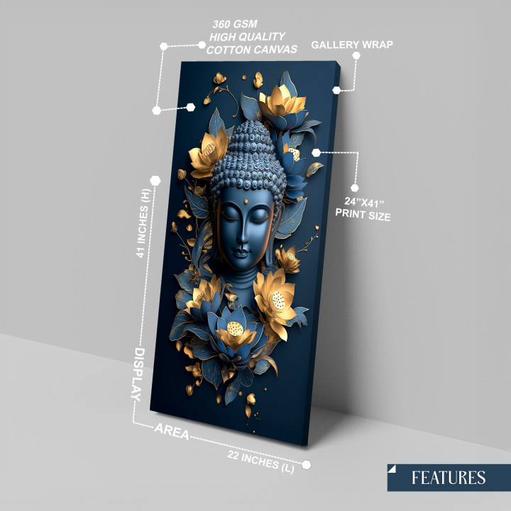 Serene Blue & Gold Buddha Canvas Wall Art - Modern Lotus Meditation Print 24