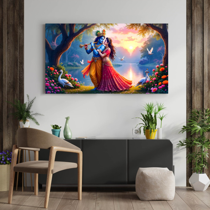 Serene Sunset Radha Krishna Wall Art Canvas - Print Size 42