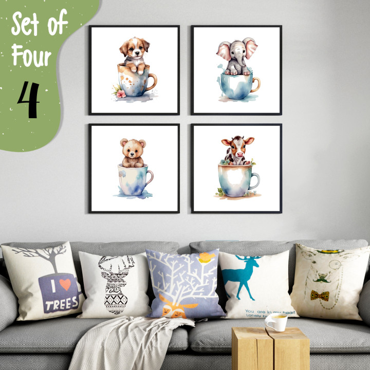 Adorable Animal Friends in Teacups - Set of 4 Wall Art, Set of 4 Photo Frame with Print