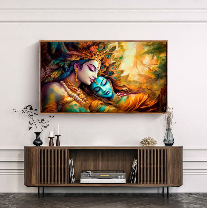 Divine Embrace: Radha Krishna Canvas Art with Elegant Frame - Size 42x23