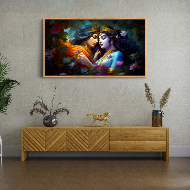 Divine Embrace: Radha Krishna Elegant Framed Canvas Print Size 42x23