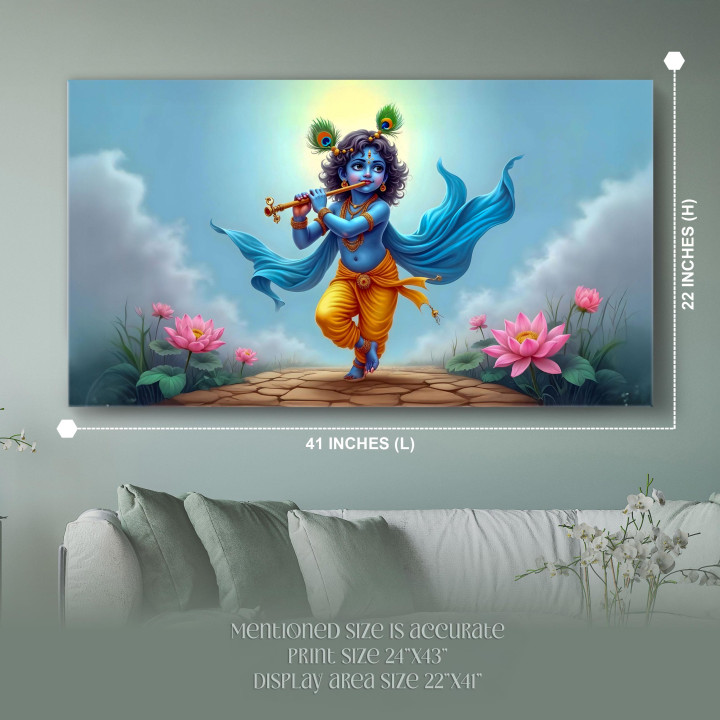 Enchanting Little Krishna, High Quality Canvas Print and ready to hang 24x43 inch