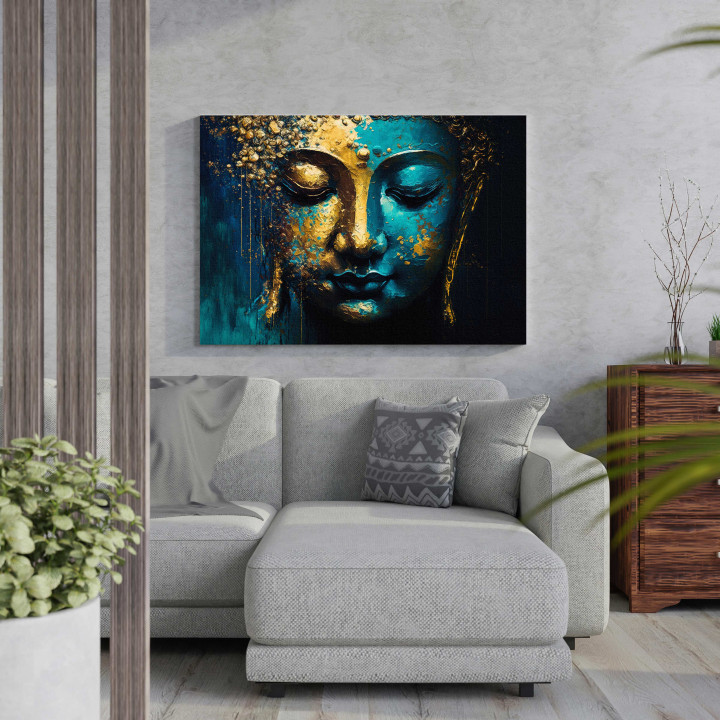 Golden Serenity: Abstract Buddha Head Canvas Print 24x36