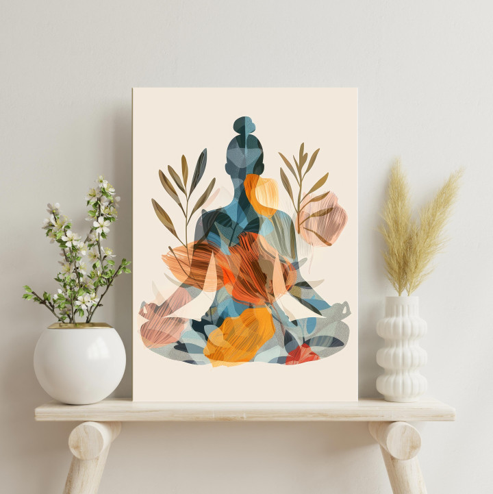 Meditative Bloom: Woman Lotus pose with floral overlays meditation Canvas Print 24