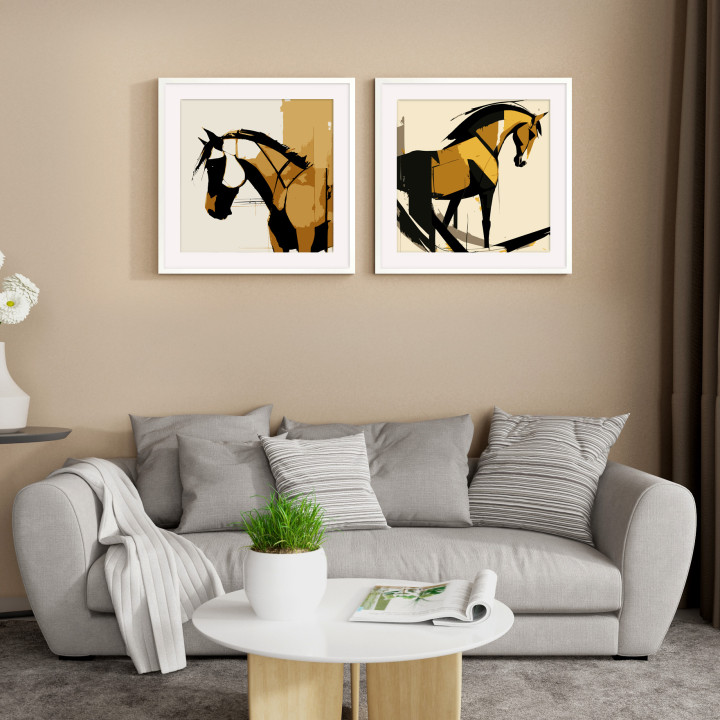 Modern Equestrian Grace: Set of Two White/Black Framed Horse Art Prints