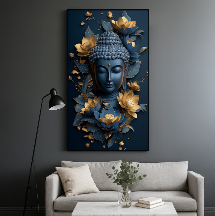 Serene Blue & Gold Buddha Canvas Wall Art - Modern Lotus Meditation Print 24