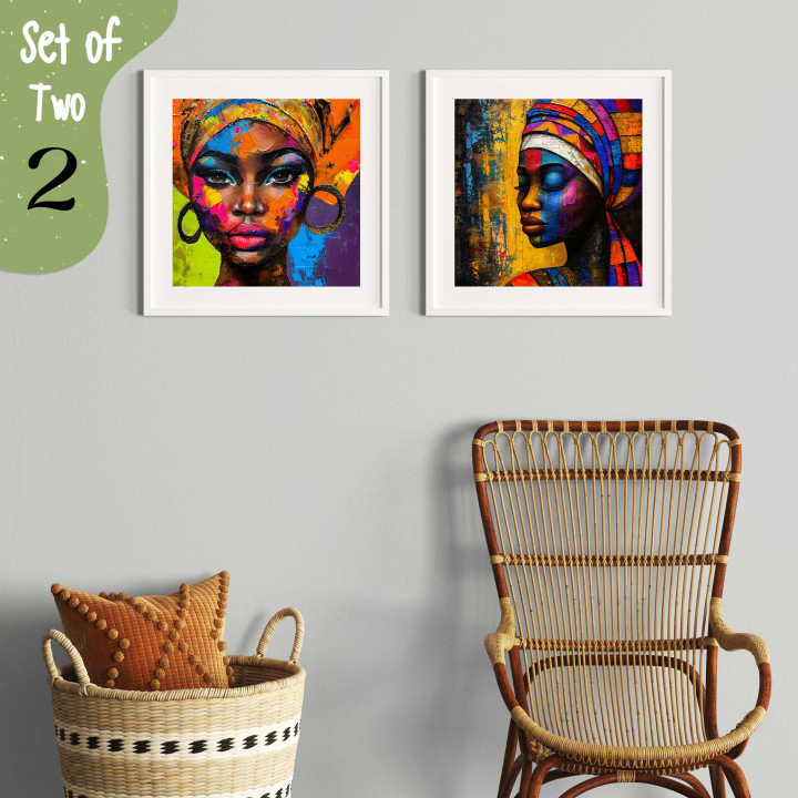 Set of 2 Vibrant African Woman Portrait Wall Art - Premium White Photo Frame with Prints