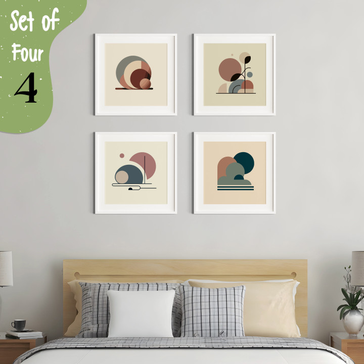 Set of 4 Nordic Abstract Geometric Wall Art Prints with White Frames