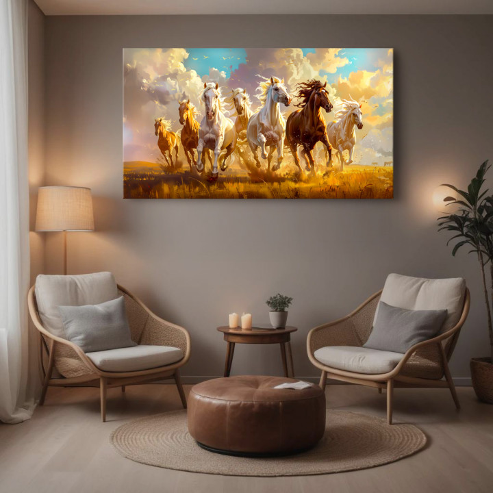 Seven Running Horses Vastu Canvas Painting-22x41 Print for Luck, Success & Positive Energy