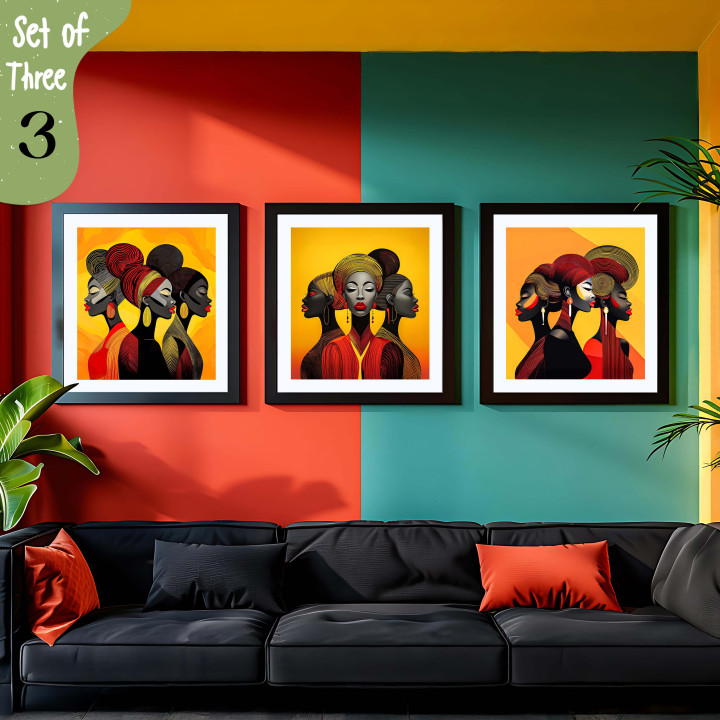 Striking Triptych: African Women Art in 16x16 Inch Black Frames