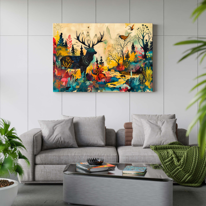 Vibrant Forest Elk Canvas Art - Modern Abstract Wildlife Wall Decor 24x36