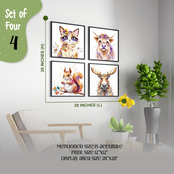 Whimsical Woodland Animals illustration with Flower Crowns - Set of 4 Framed Art Prints