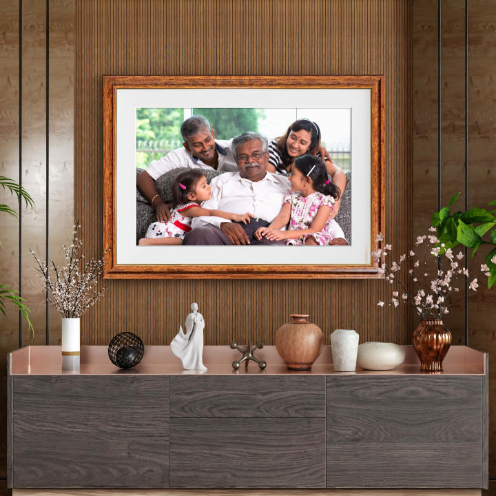 happy family moment showcased, 16x24 print, finished with a timeless wooden frame