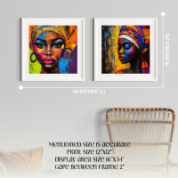 Set of 2 Vibrant African Woman Portrait Wall Art - Premium White Photo Frame with Prints