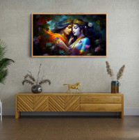 Divine Embrace: Radha Krishna Elegant Framed Canvas Print Size 42x23