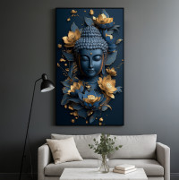Serene Blue & Gold Buddha Canvas Wall Art - Modern Lotus Meditation Print 24