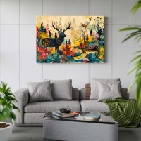 Vibrant Forest Elk Canvas Art - Modern Abstract Wildlife Wall Decor 24x36