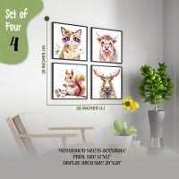 Whimsical Woodland Animals illustration with Flower Crowns - Set of 4 Framed Art Prints